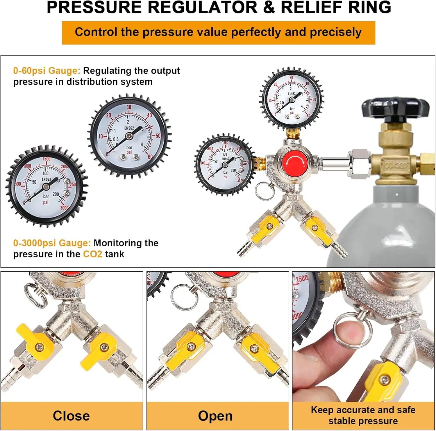 CGA320 Y Type CO2 Regulator,  Adjustable Pressure Regulator with 2 Barbs and Safety Valve for Draft Beer Homebrew