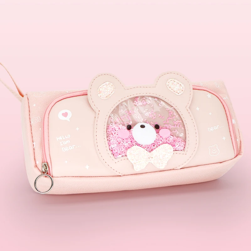 Large-capacity cartoon girl pink stationery storage bag girl pupil transparent window quicksand pencil case