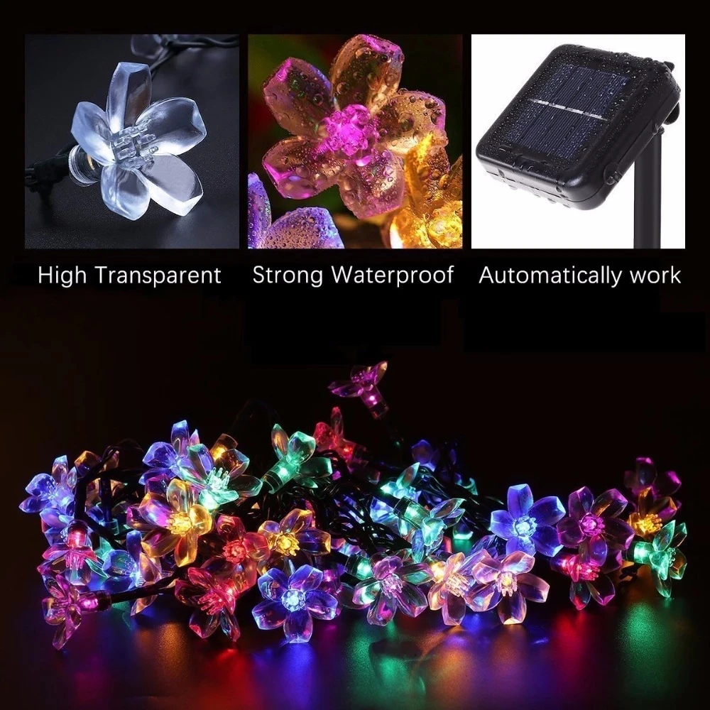 Outdoor Solar Garlands Light Peach Flower Solar Lamp Power LED String Fairy Lights Garden Christmas Decoration 5m 7m 12m