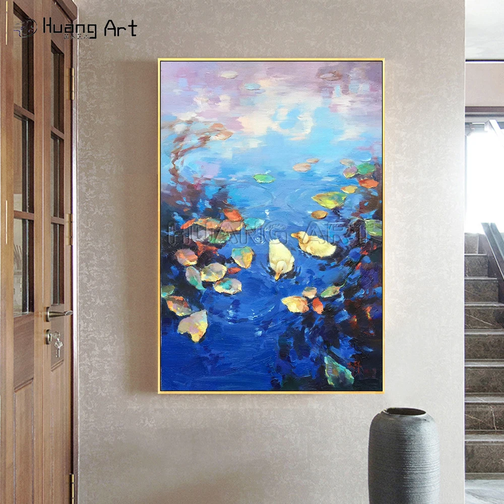 Hand-painted Landscape Oil Painting on Canvas Two Little Ducks Playing in the Sapphire Blue Lake Oil Painting for Wall Decor