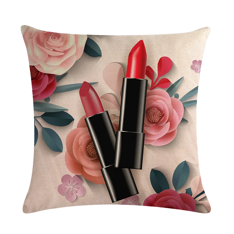 
45cm*45cm Hand Painted Flowers Lipstick Bottles Cushion Cover and Sofa Pillow Case 