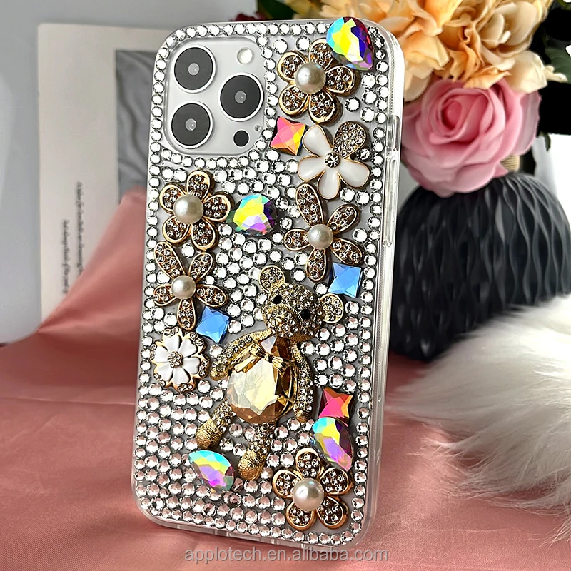 Fashion Luxury Handmade shiny teddy bear Accessories 3D Diamond Glitter Protective Phone Case For Iphone 14 13 12 Pro Max