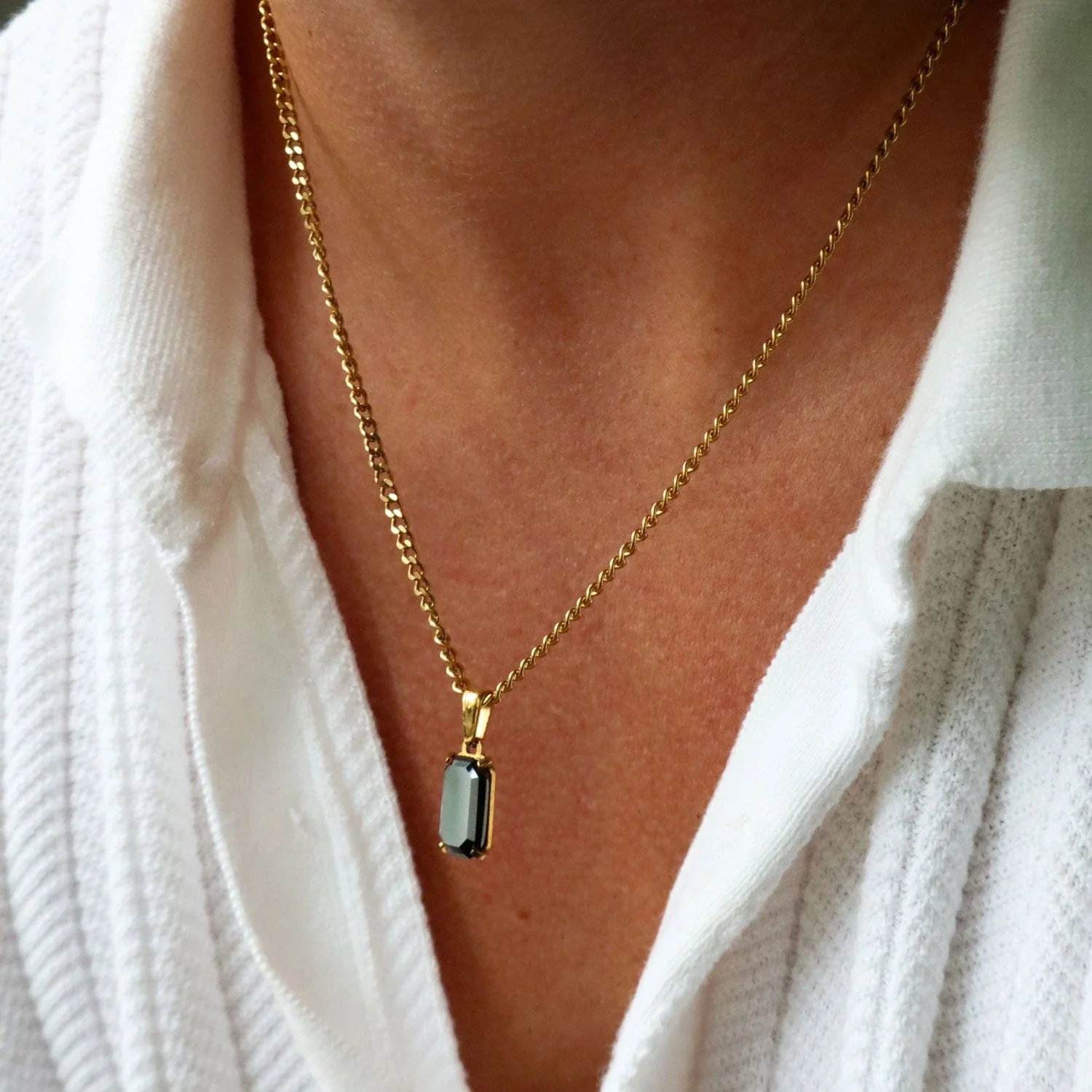 Waterproof Gemstone Jewelry Street Style Natural Stone Void Necklace Silver 18k Gold Stainless Steel Black Onyx Pendant Necklace