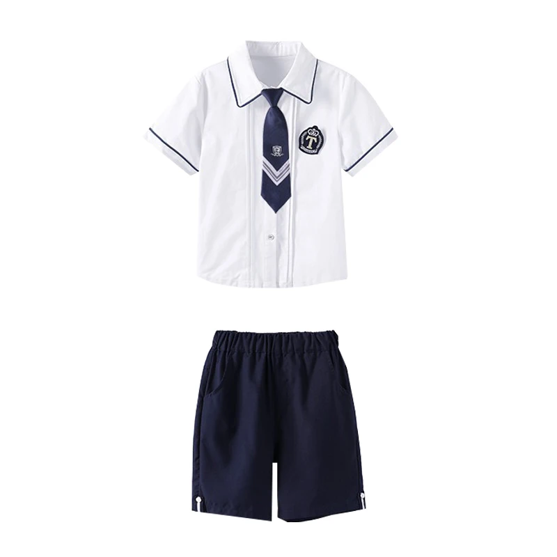 custom your own design two piece short sleeve boy white shirt short set kids girl pleated skirt Chinese style school uniform
