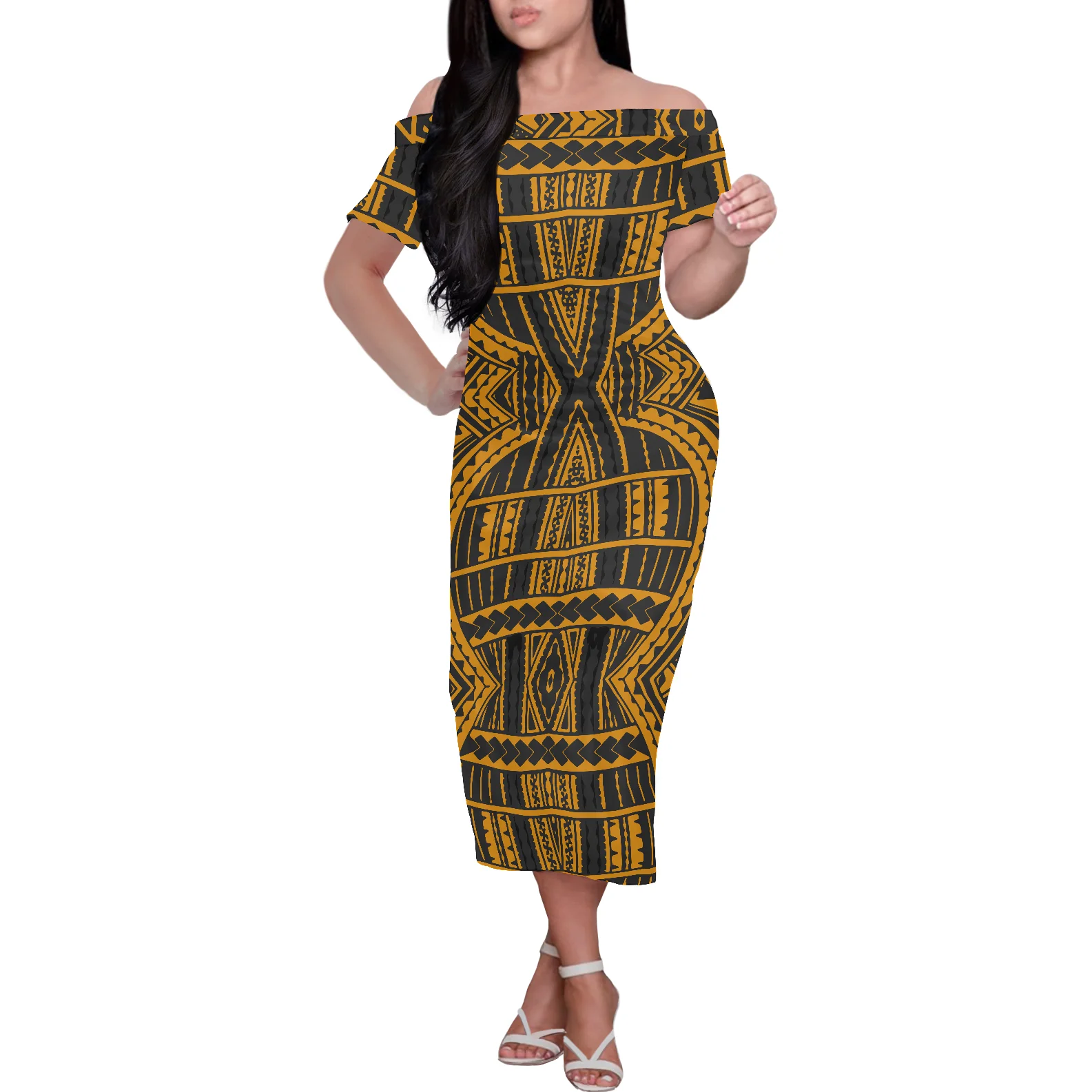 New Style Black White Polynesian Tribal Floral Tattoo Dresses Custom Plus Size Women Dresses Half Shoulder Pencil Bodycon Dress