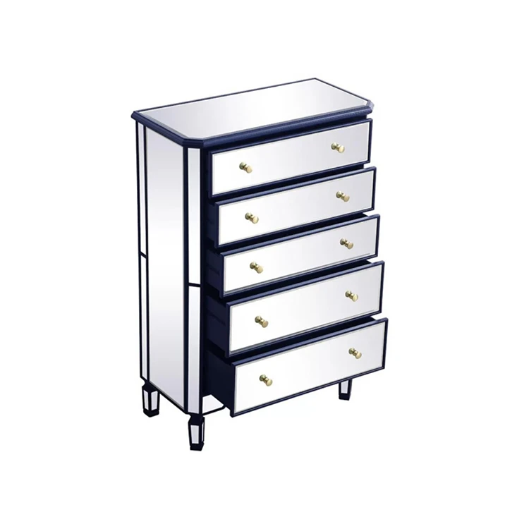 Nordic Modern Silver Mirror Glass Tallboy Dresser Cabinets Chest of 5 Drawers of Bedroom
