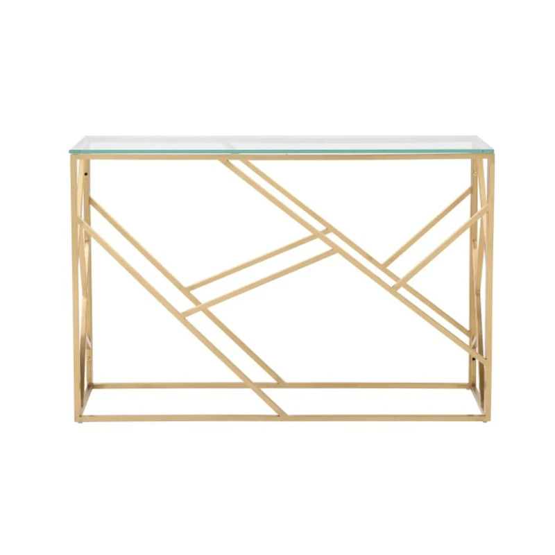 Modern luxury living room decor narrow gold metal frame glass top console entry table