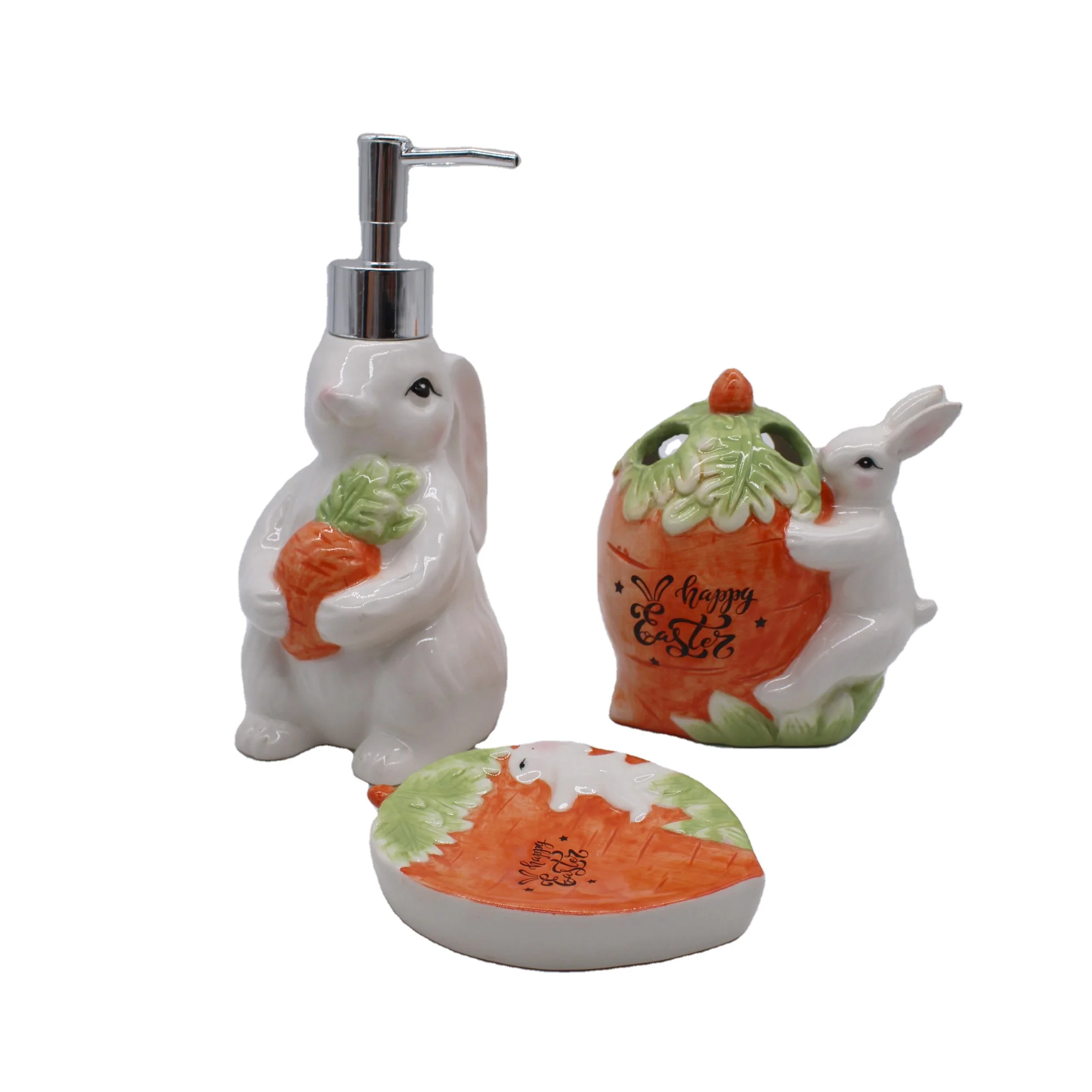 hot sell  Cute Cartoon hand-paint  rabbit shape dispenser  dolomite Easter bathroom set