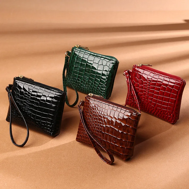 2022 Cute Solid Color Crocodile Pattern Mini Zipper Credit Card Wallet Ladies Clutch High Quality Girl Coin Purse