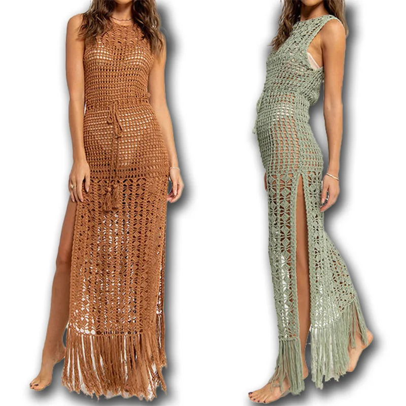 Sexy See Through Mesh V Neck Long Crochet Swimsuit Bikini Beach Cover Up Dress for Women Swimwear