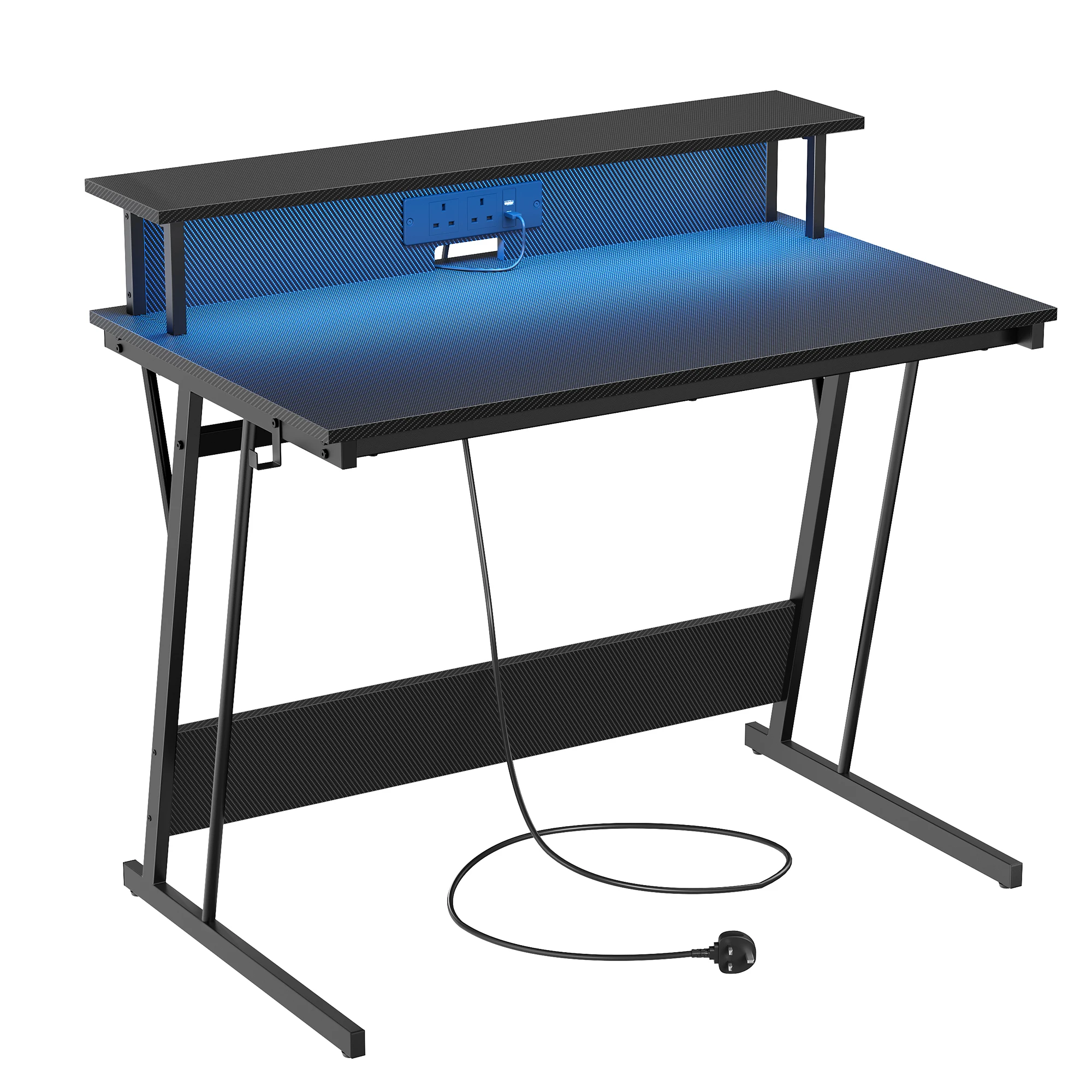 Черный игровой стол из углеродного волокна со светодиодными лампами эргономичный компьютерный с полкой для монитора