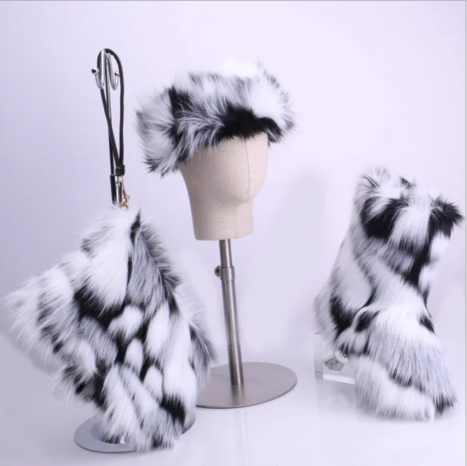 winter matching color purse headband and boots sets plush shoes mix color faux fox fur snow boots for women ladies fur boots