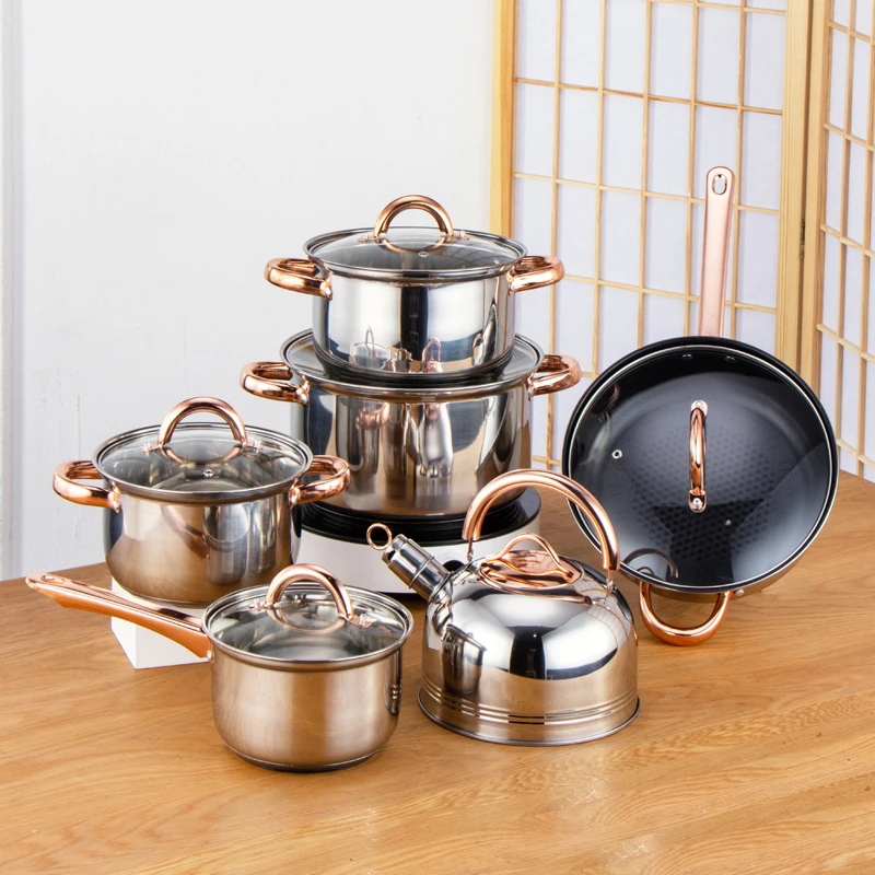 12 PCS Multifunctional Pot Set Stainless Steel Luxury Stocked Home ollas de acer inox With Lid 201S/S  Set Of Pots