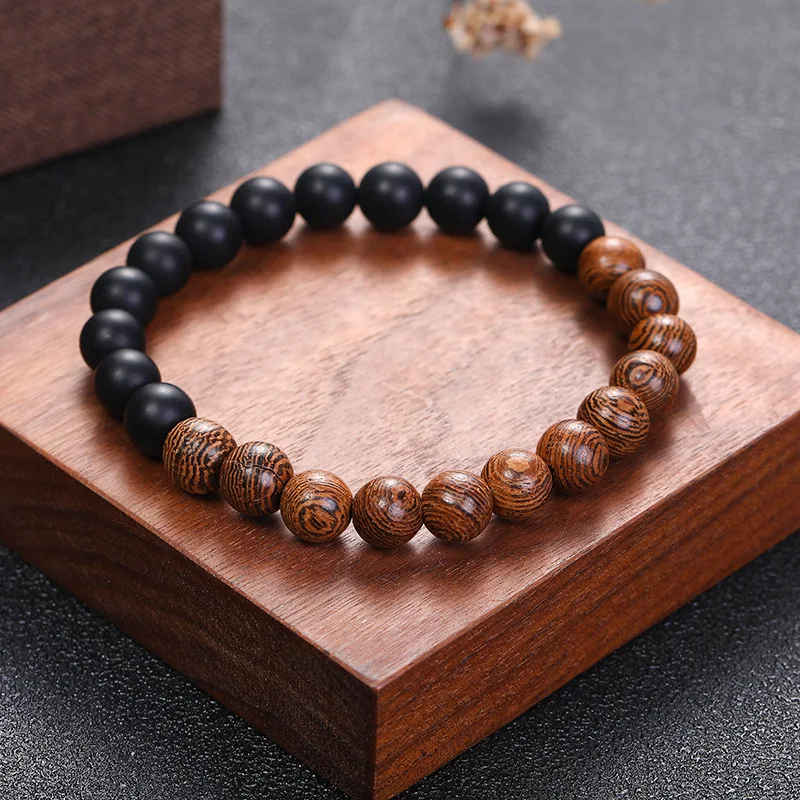 2024 New Hot Selling Men Accessories Black Onyx Frosted Stone Wenge Wood Bead Bracelet for Men Fashion Jewelry