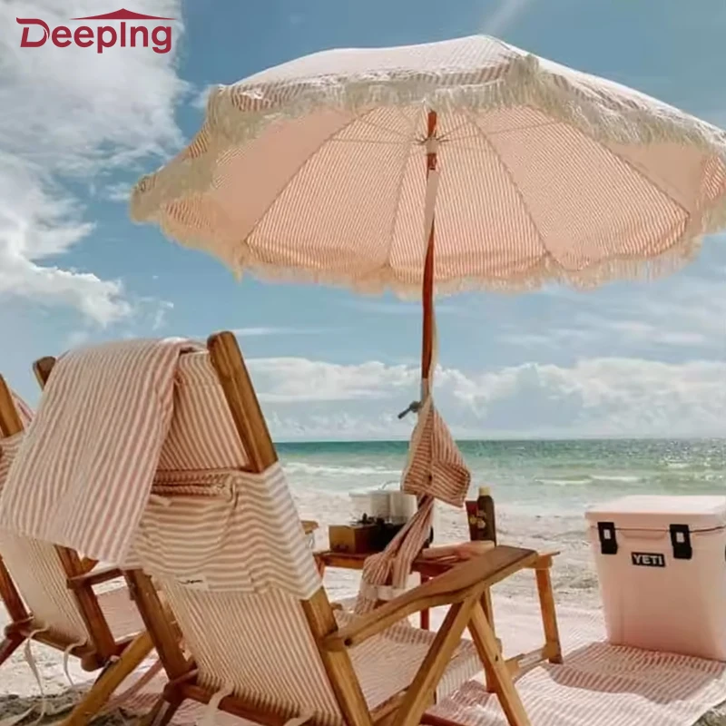 Glamping custom parasol umbrellas beach sun umbrella pool leisure ways outdoor umbrella with tassels