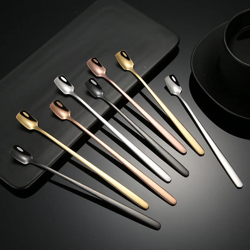 304 Stainless Steel Square Head Spoon Golden Coffee Stirring Spoon Creative Long Handle Bar Ice Spoon