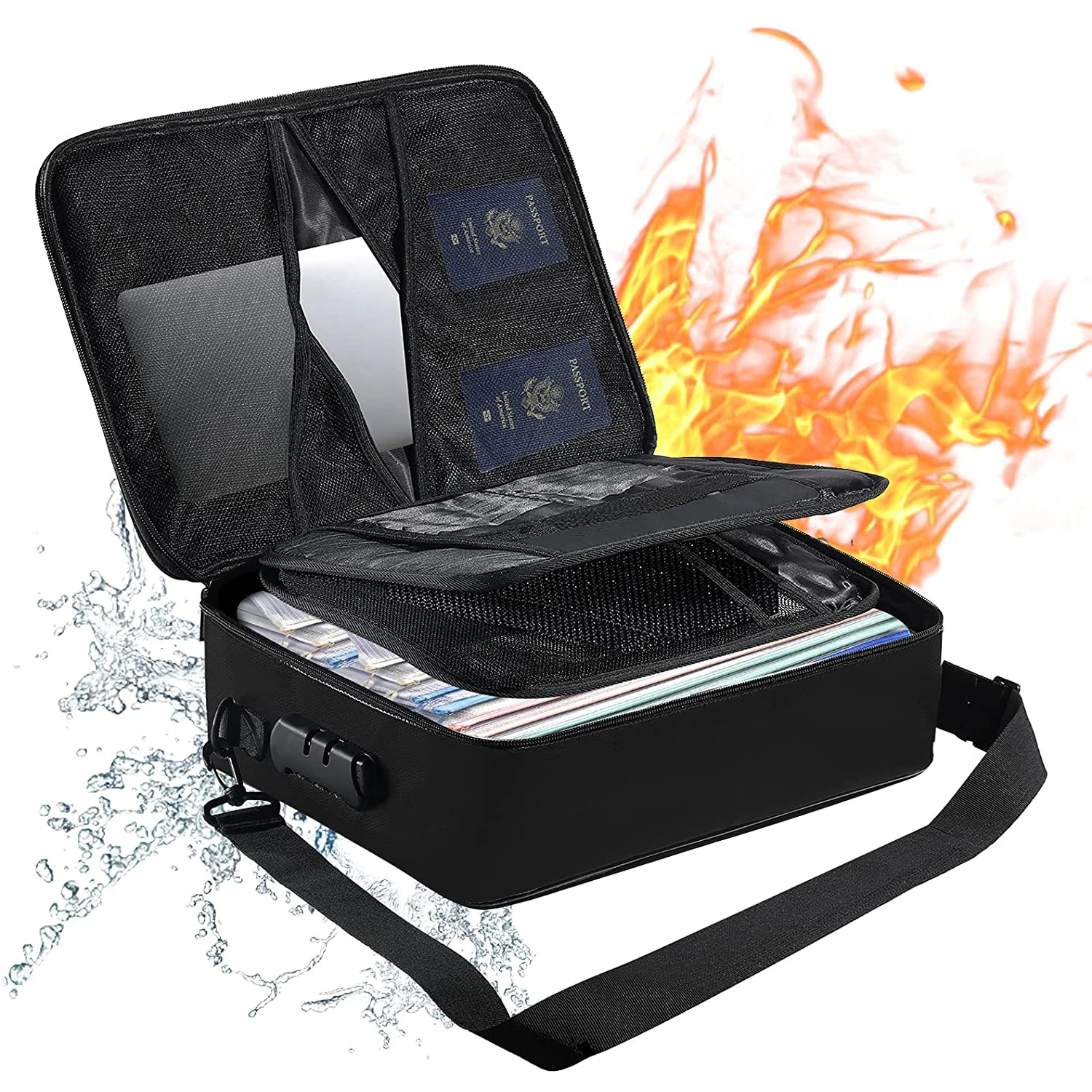 Fireproof File Box with Safe Lock and Shoulder Strap Important Document Travel Storage Case Document Organizer Bag with Lock