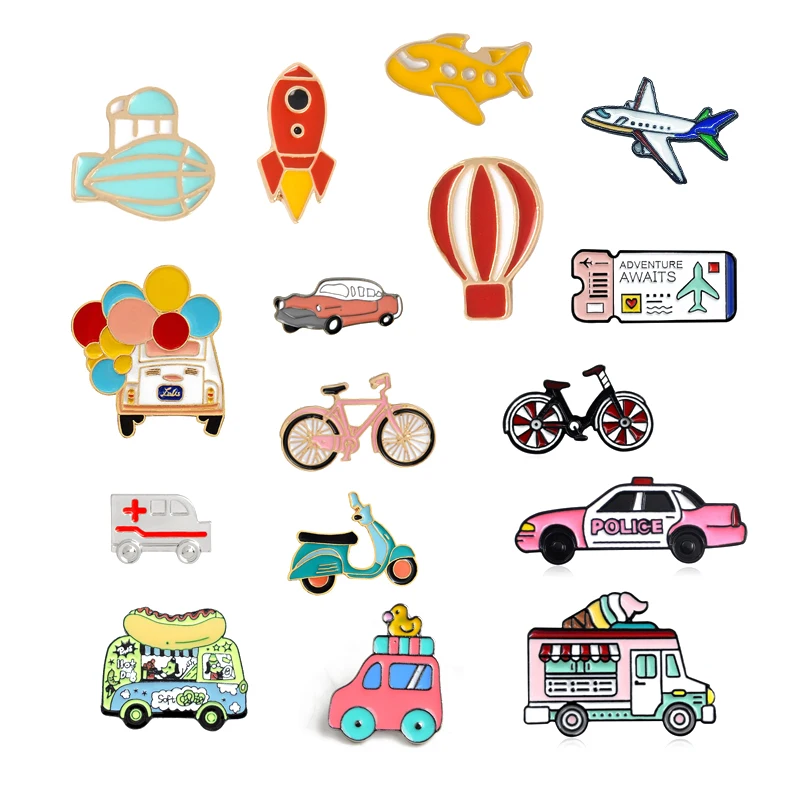 Creative Bicycle Electric Vehicle Car Enamel Brooch Planet Hot Air Balloon Rocket Spacecraft Airline Ticket Badge Cartoon Pin