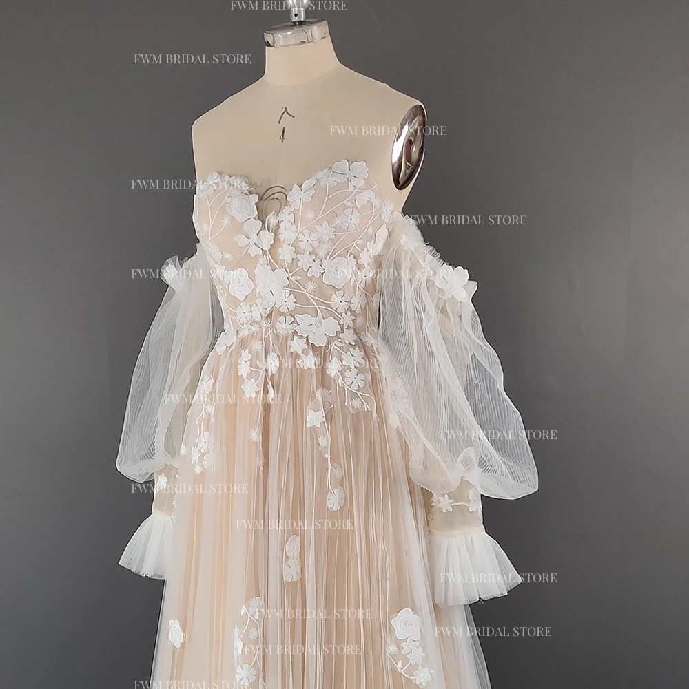 2220 # Boho пышные рукава аппликация кружева без бретелек свадебное платье большого размера женское свадебное платье обручальное вечернее платье