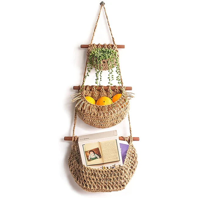 Hot sale boho woven basket home decor hanging wall fruit basket 3 tier wicker basket