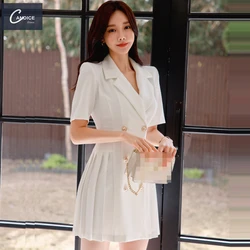 Candice 2023  Korean Suit Collar Double breasted Pleated Professional formal dress blazer womans office dress for ladies