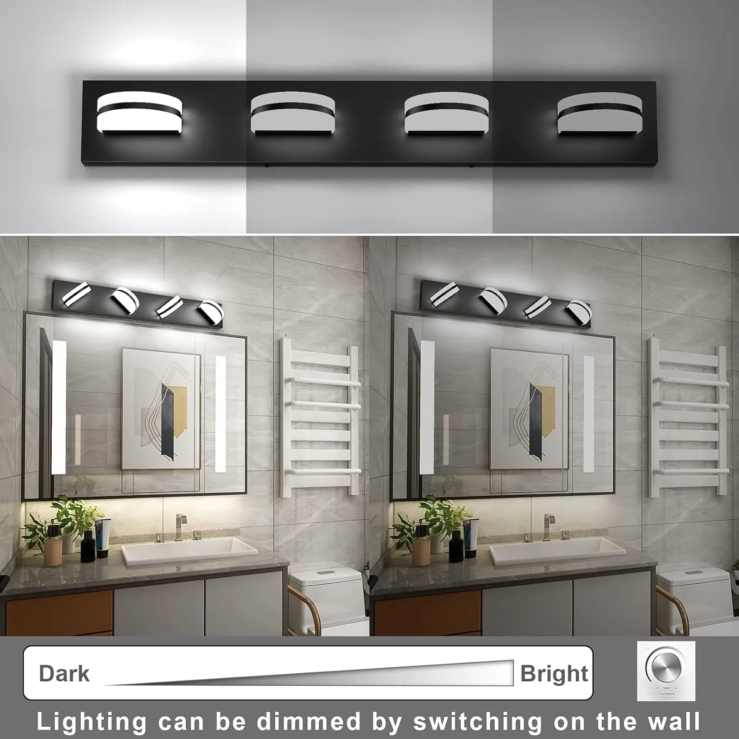 18W 1260LM 4-Light LED Vanity Light Dimmable 5000K Matte Black Bathroom Light Fixture Aluminum Wall Lamps