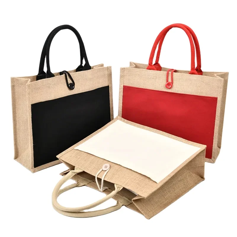 High Quality Fashion Waterproof Linen Natural Black Yellow Burlap Shopping Tote Jute Bag