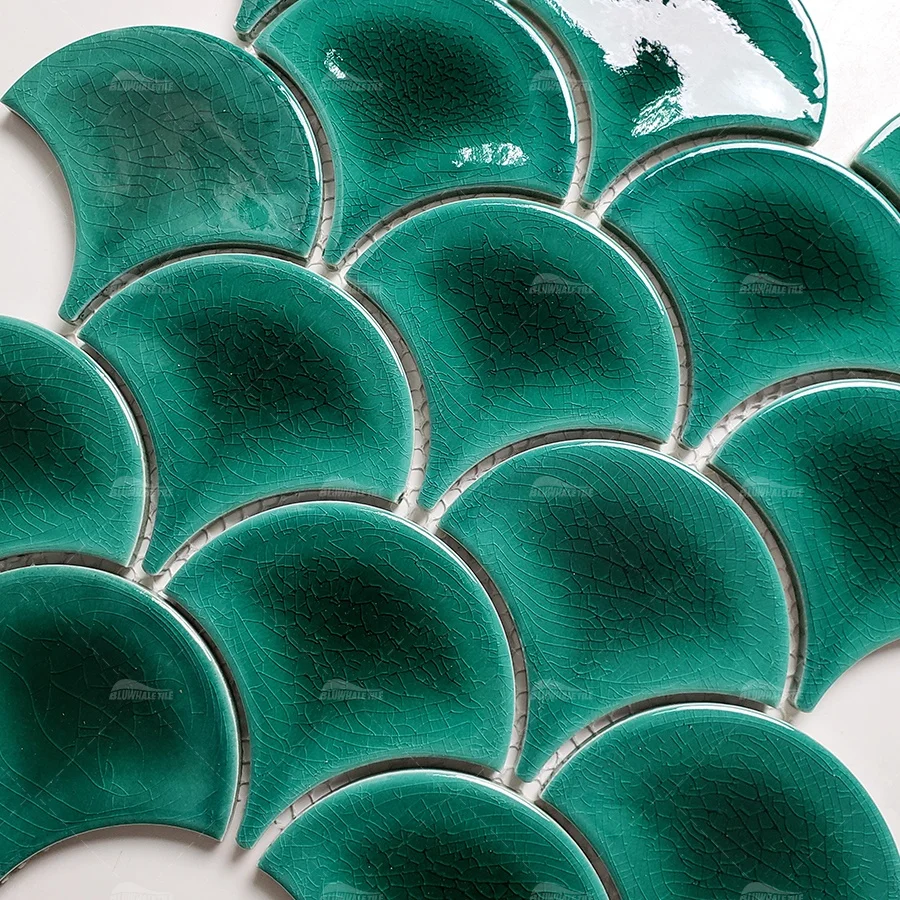 Ice Crackle Pattern Glazed Green Fish Scale Porcelain Ceramic Wall Mosaic Aqua Turquoise Fish Scale Pool Tile