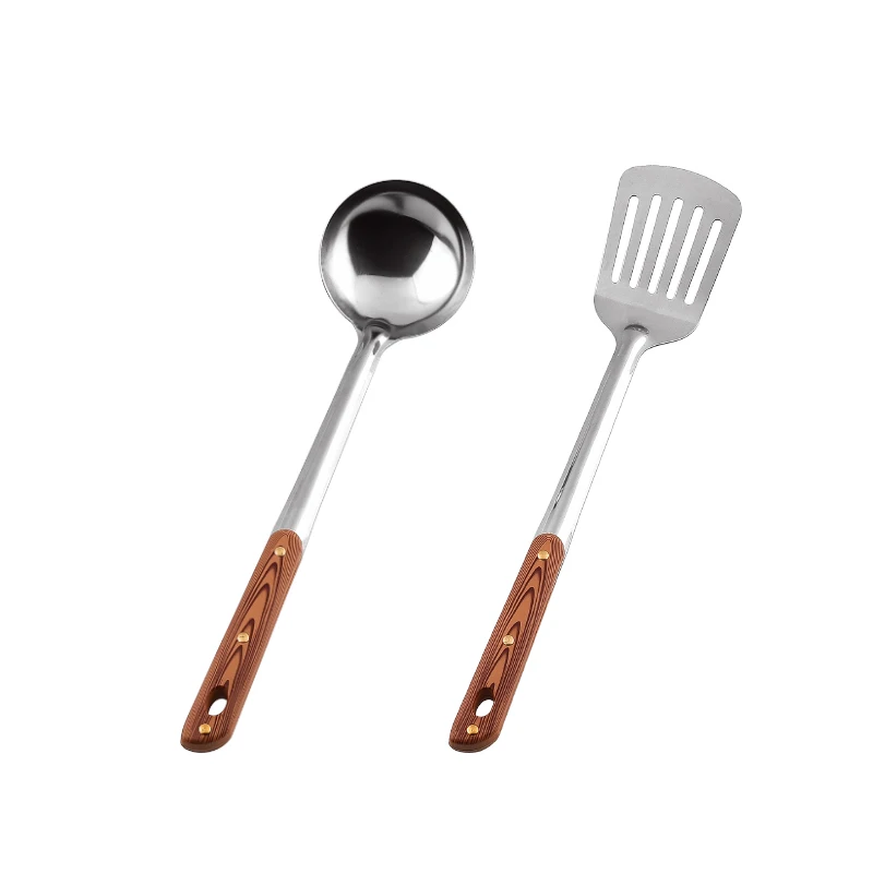 wholesale plastic handle Wood-like grain Kitchen utensils Stainless Steel Kitchenware utensils set
