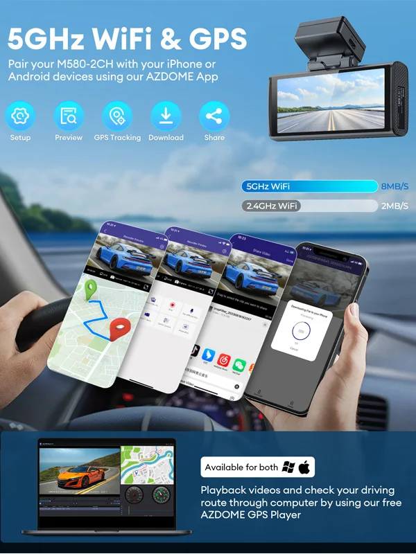AZDOME M580 Car DVR 3 Channel Dash Cam 4 inch Touch Screen Built-in GPS WIFI Loop Recording G-Sensor