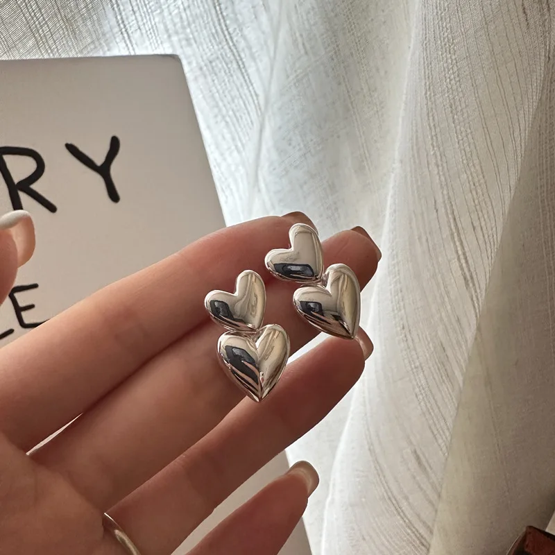 Серьги-сердечки в Корейском стиле из серебра 925 пробы