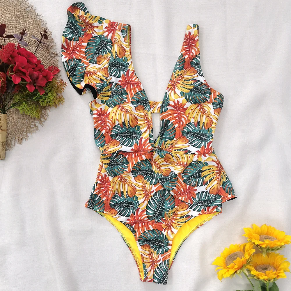 Wholesale price Women Swimwear Floral Print Bodysuit Sexy Deep V Gather Sexy One Piece Swimsuit