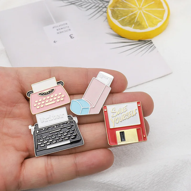 Retro Brooches Enamel Printer Fax Machine CD Record Memory Card USB Fash Disk Pins Clothes Bag Button Pin Badge