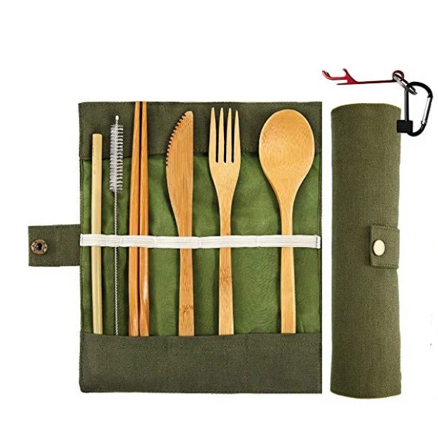 Bamboo utensils/ knife, fork, spoon and bamboo straws in one package and SS brushes