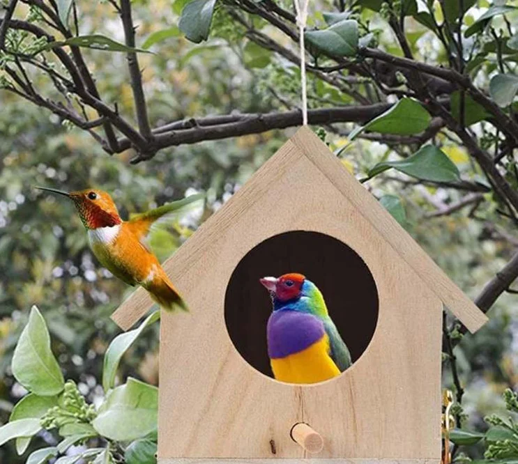 Creative wooden parrot living house bird nest idyllic bird cage feeder garden decoration pendant birdhouse aviary