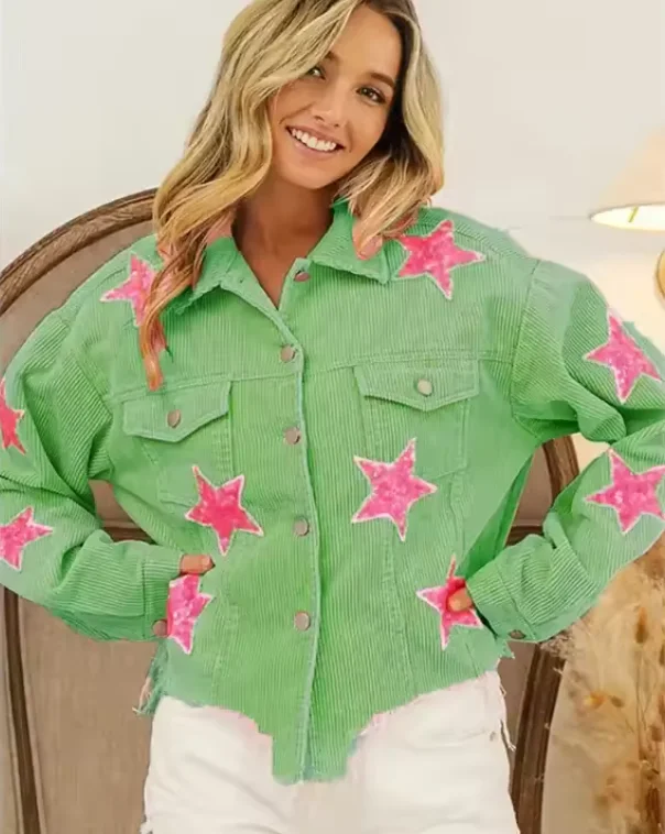 Custom Femme Star Sequin Embroidery Patch Appliques Corduroy Jacket for Women Wash Fringe Jacket