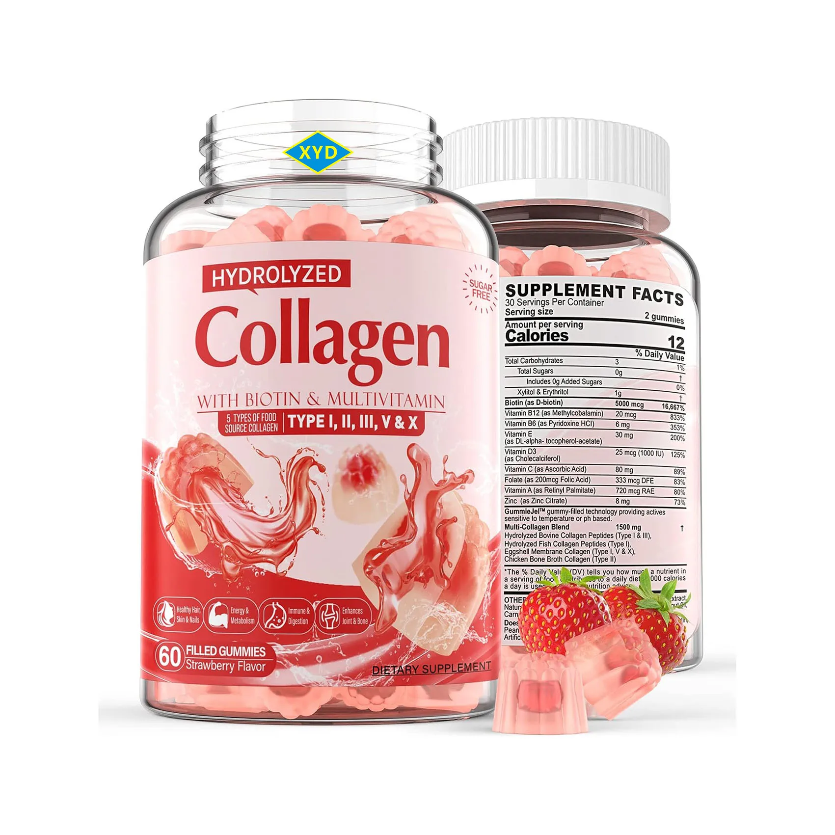 OEM Private Label Sugar Free Hydrolyzed Collagen Liquid Filled Gummies With Biotin & Multivitamins
