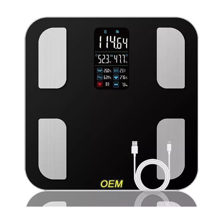 CE New Large VA Display ITO Digital Heart Rate USB Charge Baby Mode Smart Body Fat Scale with APP