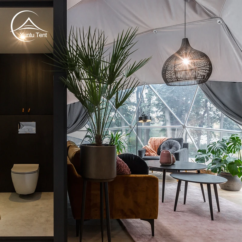 Prefab Waterproof Clear PVC Geodesic House Glamping Hotel Dome Tent With Bathroom