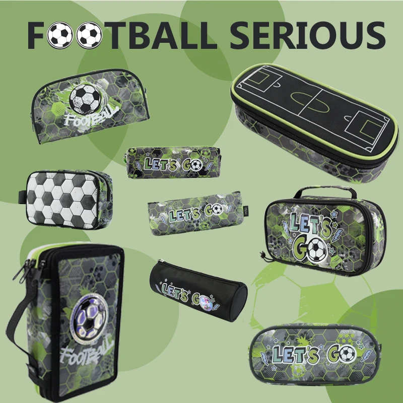 New Football Series Fabric Pencil Pouch Large Capacity Button Interlayer Zipper Pencil Case Portable Kids Stationery Bags