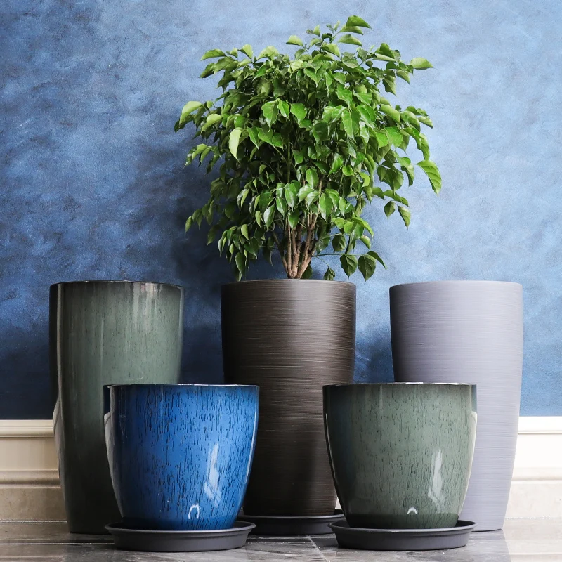 Glazed living room decoration round resin flowerpot thickened highened viewing planting basin Tall pot plastic pot