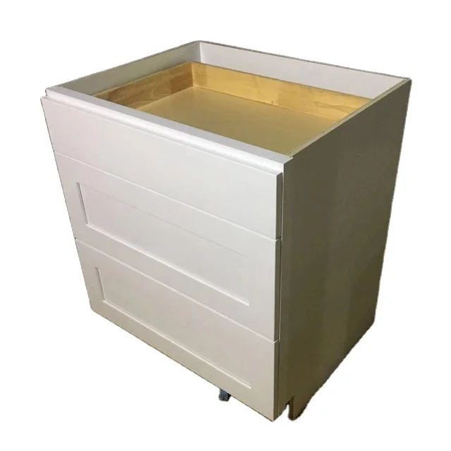 Three drawers white shaker solid wood base kitchen cabinet