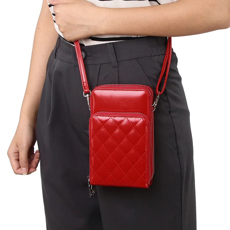 Fashion Korea Quilting PU Leather Crossbody Shoulder Mini Bags Women Mobile Cell Phone Pouch Bag Wallet With Long Strap