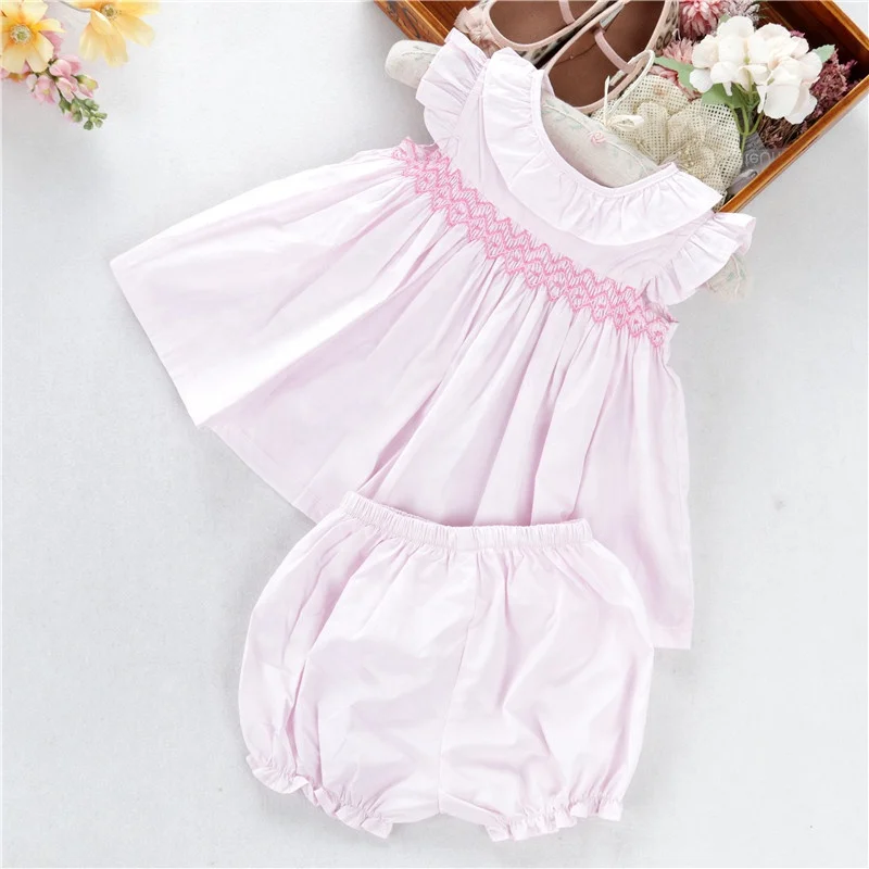 2020 summer new arrival pink 2 pcs set children clothes girls smocking dresses handmade embroidery cotton wholesale infant