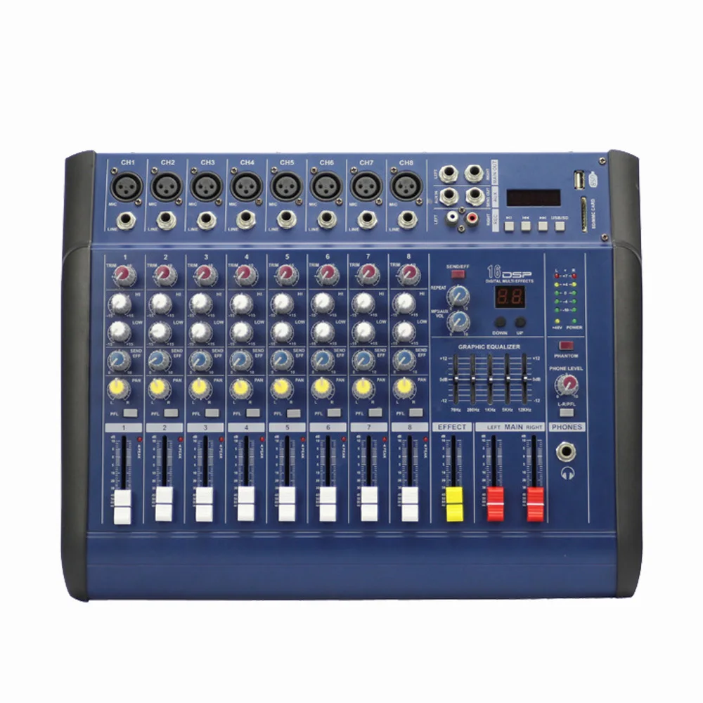 EIFGX-008 8Channel Digital AudioConsole Karaoke MicrophoneBuilt-in 48V Phantom Power With USB Switch Sound Mixer Amplifier