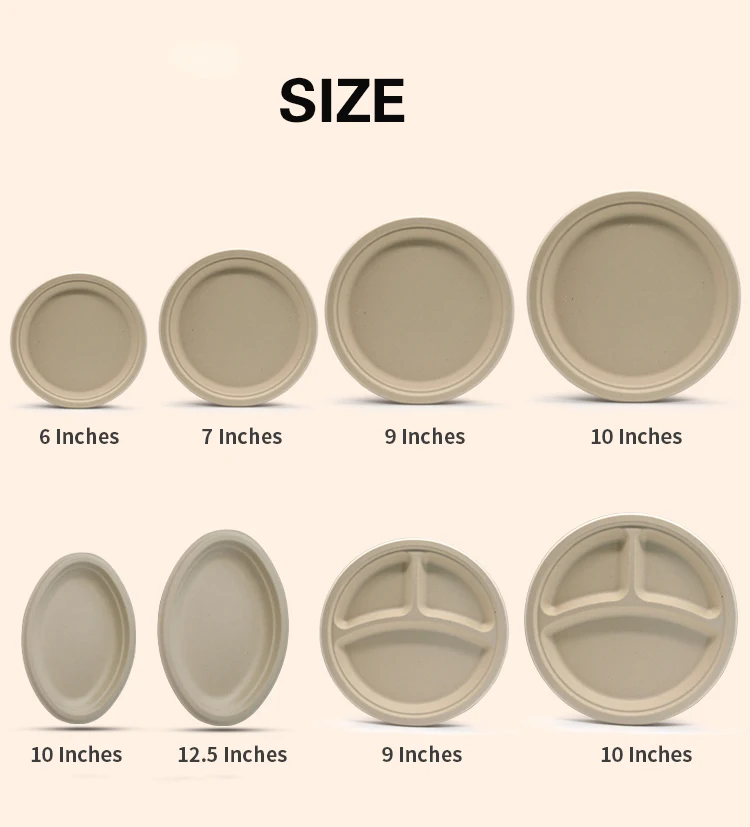 Custom 9 Inches Greaseproof and Microwave Safe Eco Friendly Bagasse Disposable Bio Degradable Plates