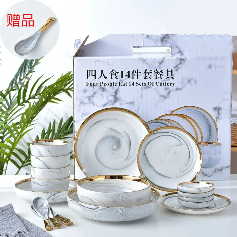 
European-style Phnom Penh Marble kitchen christmas Tableware Ceramic Bowl Set Home Dining Plate dish set dinner dinnerware 