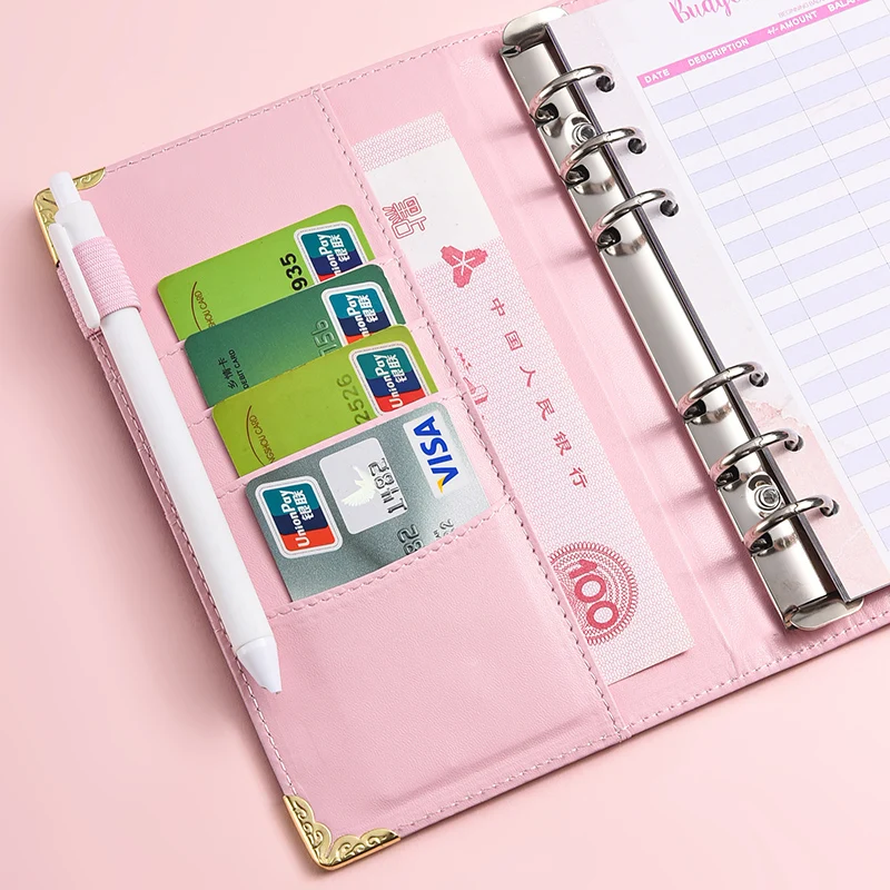 A5 A6 Metal Corns Loose Leaf Notebooks Ring Pu A6 Leather Six Ring Binder With Card Holder