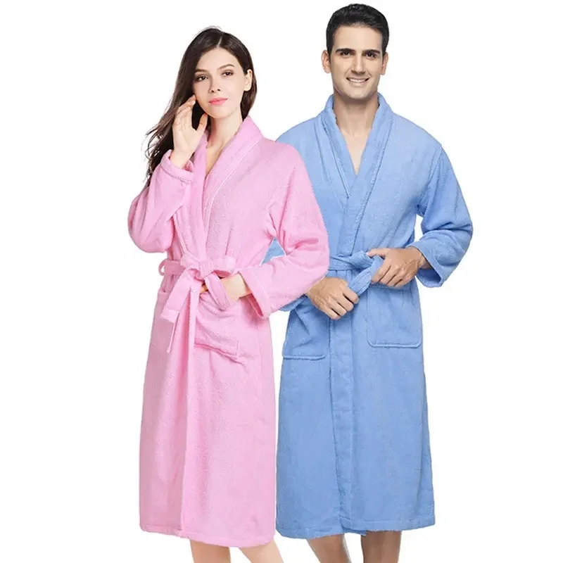 Wholesale super soft and warm solid color 100% cotton couple bath gown bathrobe ladies and white robe