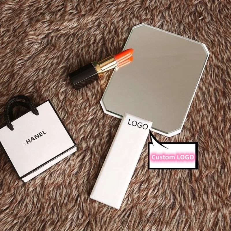 Custom Logo Small Mini Hand Held with Led Light Makeup Mirror Travel Folding Cosmetic Hand Compact Pocket Mirror Silver Round